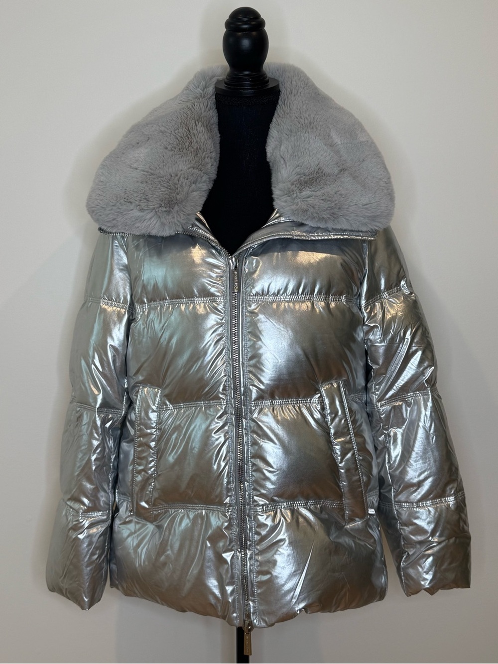 Michael Kors Metallic Silver Puffer Jacket with Plush Collar